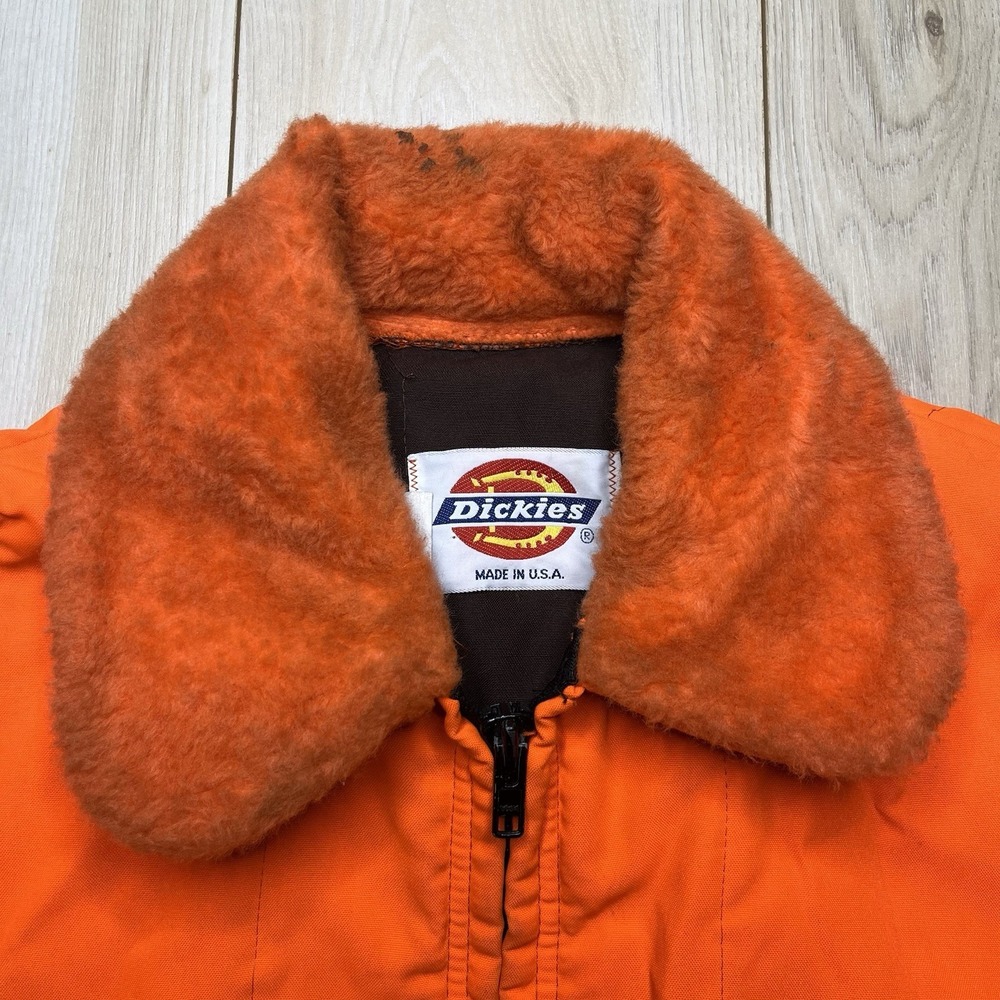 VTG Dickies Hunting Jacket Mens Large Orange Quilted Fur Collar Made In USA - Picture 2 of 13